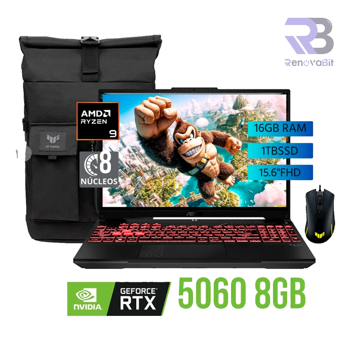 Laptop Asus TUF Gaming A16 Ryzen 9 8940HX 16GB DDR5 1TB NVMe RTX 5060 8GB + Mochila + Mouse
