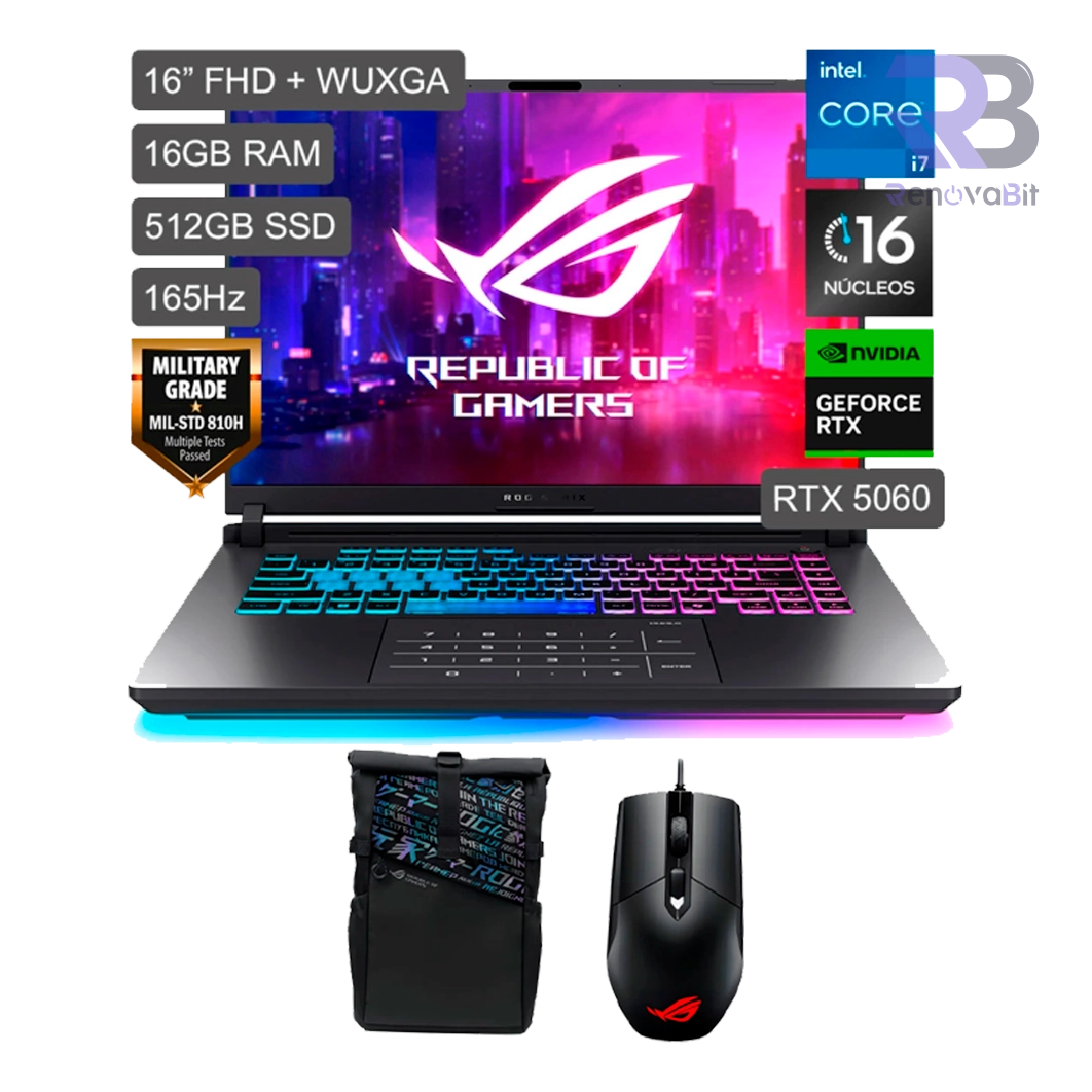 Laptop Asus ROG Strix G16 Ultra 7 255HX 16GB 512GB NVMe RTX 5060 + Mochila + Mouse