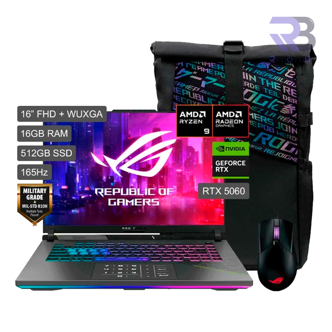 Laptop Asus ROG Strix G16 Ryzen 9 8940HX 16GB DDR5 512GB NVMe RTX 5060 8GB 16'' FHD IPS 165Hz Windows 11 Volt Green + Mochila + Mouse
